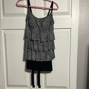 Black and White Polka Dot Ruffle one piece swimsuit with skirt bottom